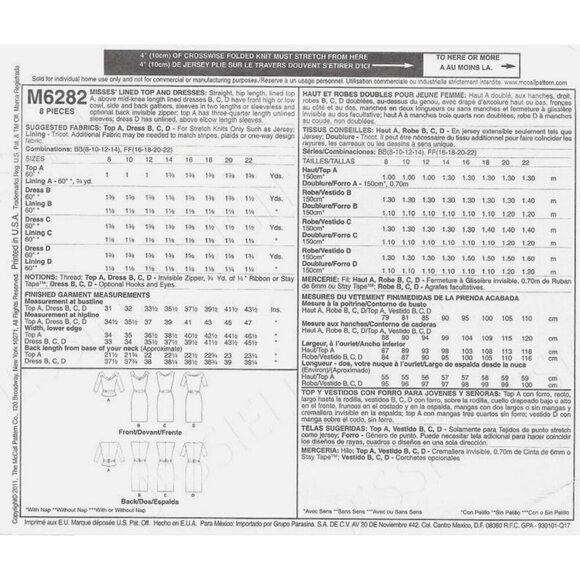 McCall's Sewing Pattern 6282 Misses Dress Lined Top Size 8-14 - Picture 2 of 3